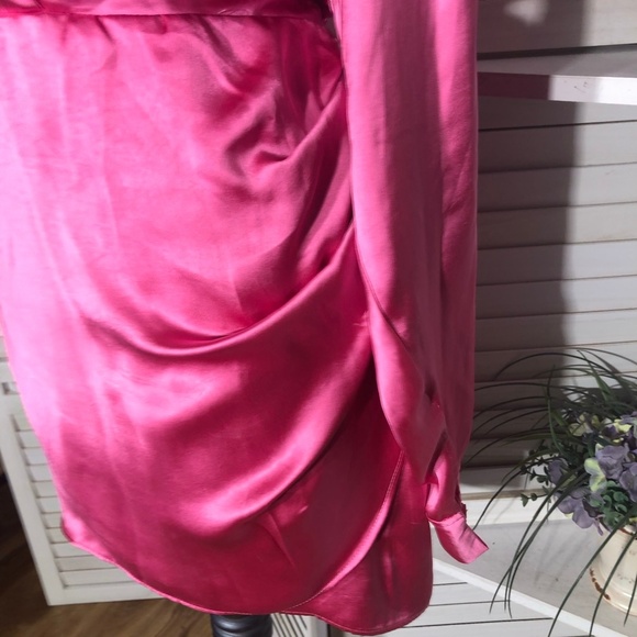 Zara Satin Mini Dress Bishop Sleeve Tulip Hem Hot Pink Large - Picture 12 of 13